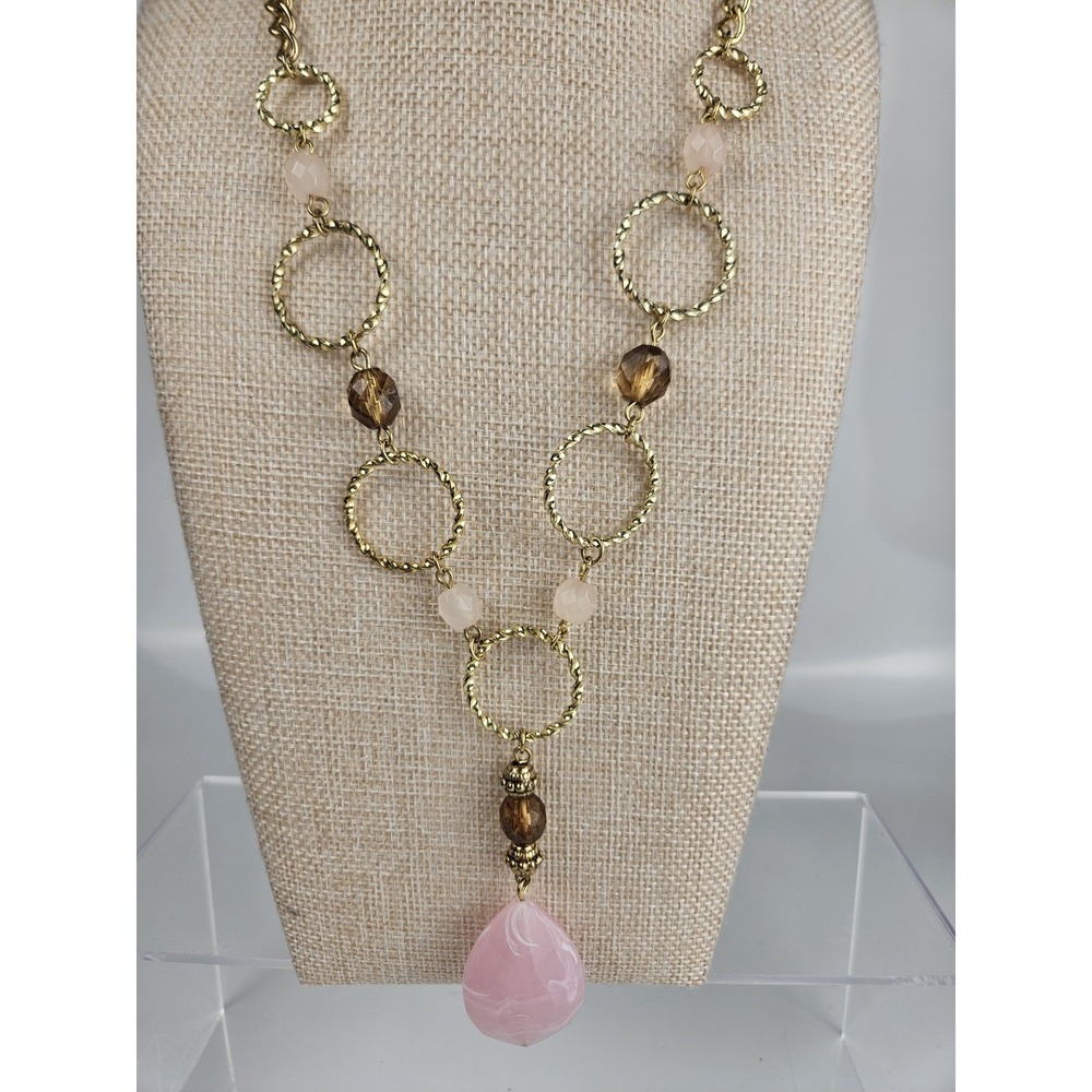 Avon Vintage Pink Art Deco Style‎ Statement Necklace Gold Tone Signed - Picture 2 of 6